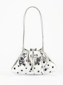 春夏新款镂空金属街头风单肩包、斜挎包、抽绳水桶包、流浪包、时尚女包、复古街头风包、可调节肩带两用单肩包、情人节女包 - 亮銀色 - 查看 1