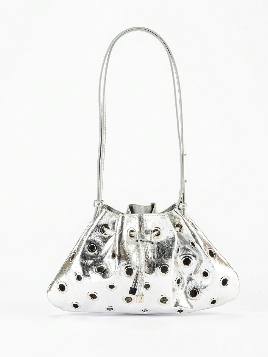 春夏新款镂空金属街头风单肩包、斜挎包、抽绳水桶包、流浪包、时尚女包、复古街头风包、可调节肩带两用单肩包、情人节女包 - 亮銀色 - 查看 1