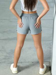 Women's Outdoor Casual Shorts, Solid Color Minimalist Design With Drawstring, Knee Length Summer - Grey - View 5