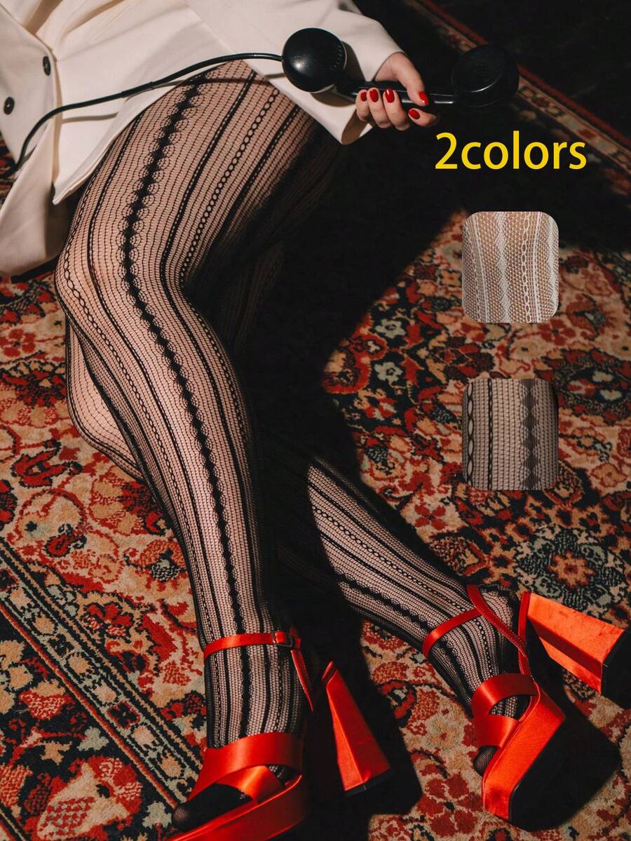 1件白色几何图案渔网袜，性感法式浪漫紧身裤，黑白连裤袜，适合情人节、婚礼派对、约会、斋月等场合。 - 彩色 - 查看 1