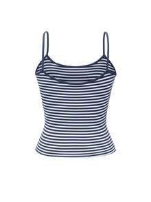 Vaiaye Women's Fashion Lingerie-Style Top, Spring/Summer Striped Print Round Neck Fitted Casual Vacation Sexy Camisole, Suitable For Valentine's Day Wear - Blue and White Stripes - View 4