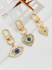 金色恶魔之眼，邪眼心形钥匙扣，水钻装饰包包挂饰，女士时尚配饰