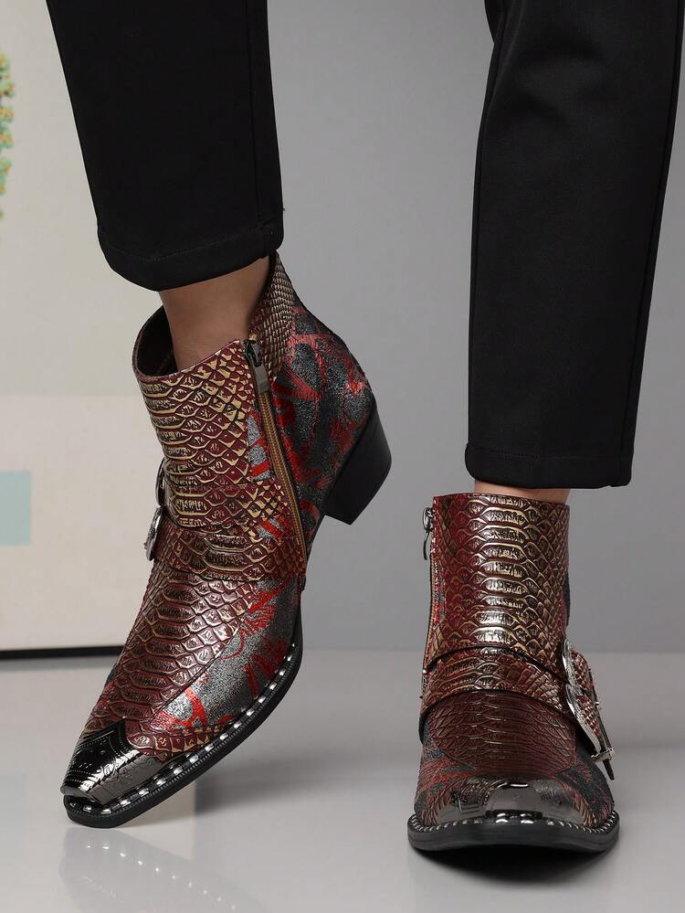 1 par herrstövlar med ormskinn och präglat silvermönster, höga PU-läder, gummisula och slip-on, platta, casual chelsea-stövlar för företag, lämpliga för fritidsaktiviteter - Röd - Visa 5