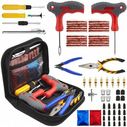 Tapsin 65PCS Tubeless Tyre Puncture Repair Kit For Car, Motorcycle, Truck, ATV, Tractor & More - Tubeless Car Tyre Puncture Repair Kit - Car Emergency Kit Tyre Repair