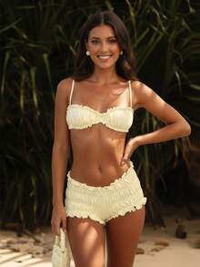 Elegant Ruffle Pink 2 Pieces Bikini Set, Bubble Bikini Top With Swim Bottoms, 2026 New Cute Summer Swimwear For Women, Fashionable Ladies Swimsuit - Light Yellow - View 2