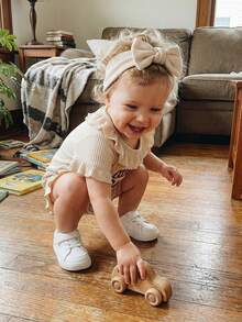 Baby Girls Rompers Letter Embroidery Ruffles Crew Neck Short Sleeve Infant Bodysuits Jumpsuits With Headband - Apricot - View 3