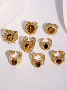 1pc Fashionable European & American Style Vintage High-End Personality Design Plated Stainless Steel Tiger Eye Natural Stone Geometric Open Ring, Suitable For Women's Daily, Party, And Date Wear - Multicolor - View 3