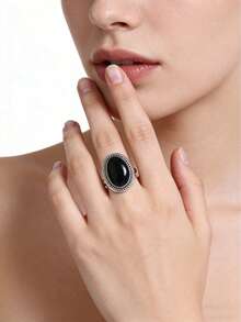 Cring Coco 一款锌合金女士戒指，椭圆形，复古经典，做旧时尚，波西米亚风派对婚礼黑色树脂奢华宫廷风格，在欧洲和法国流行，高端手工珠宝，适合日常佩戴、派对、度假、情人节、母亲节、生日礼物。 - 黑色 - 查看 2