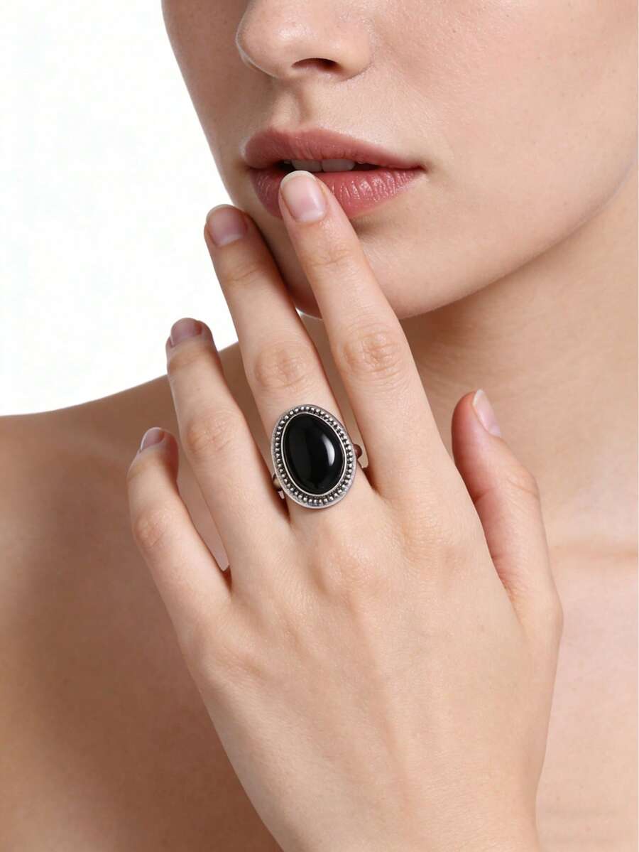 Cring Coco 一款锌合金女士戒指，椭圆形，复古经典，做旧时尚，波西米亚风派对婚礼黑色树脂奢华宫廷风格，在欧洲和法国流行，高端手工珠宝，适合日常佩戴、派对、度假、情人节、母亲节、生日礼物。