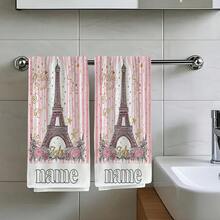 2PC[Customizable Towels] Paris Eiffel Tower Design Customizable Name Towels - Pink & White Striped, Ultra-Absorbent, Quick-Dry Microfiber Towels With "Paris" & "Eiffel" Text, Perfect For Valentine's Day, Anniversaries, And More, Home Decor | Eiffel Tower Design | Ultraabsorbent Towels250gsm Practical Kitchen Towel For Kitchen, Living Room, Bedroom And Home Use, Exquisite Pattern Printed Towel, Suitable For Kitchen And Living Room, Suitable For Car, Bedroom, Living Room, Office, Outdoor Camping Home Decoration, Comfortable, Soft And Additive Free Scouring Pad, A Good Gift For Daily Holidays - Multicolor - View 1