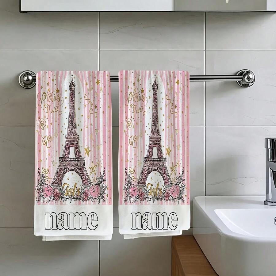 2PC[Customizable Towels] Paris Eiffel Tower Design Customizable Name Towels - Pink & White Striped, Ultra-Absorbent, Quick-Dry Microfiber Towels With "Paris" & "Eiffel" Text, Perfect For Valentine's Day, Anniversaries, And More, Home Decor | Eiffel Tower Design | Ultraabsorbent Towels250gsm Practical Kitchen Towel For Kitchen, Living Room, Bedroom And Home Use, Exquisite Pattern Printed Towel, Suitable For Kitchen And Living Room, Suitable For Car, Bedroom, Living Room, Office, Outdoor Camping Home Decoration, Comfortable, Soft And Additive Free Scouring Pad, A Good Gift For Daily Holidays - Multicolor - View 1
