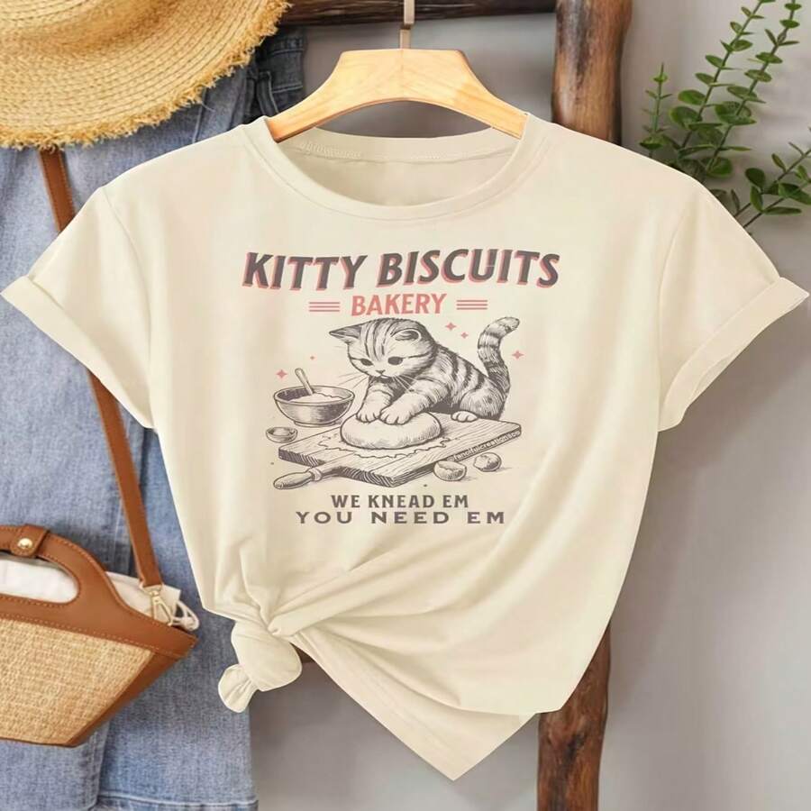Cartoon Pattern Print Kitty Biscuits Bakery We Knead Em You Need Em Creative Print, Casual Spring And Autumn Style, Women's Regular Color Cotton Short Sleeve - Màu be - Xem 1