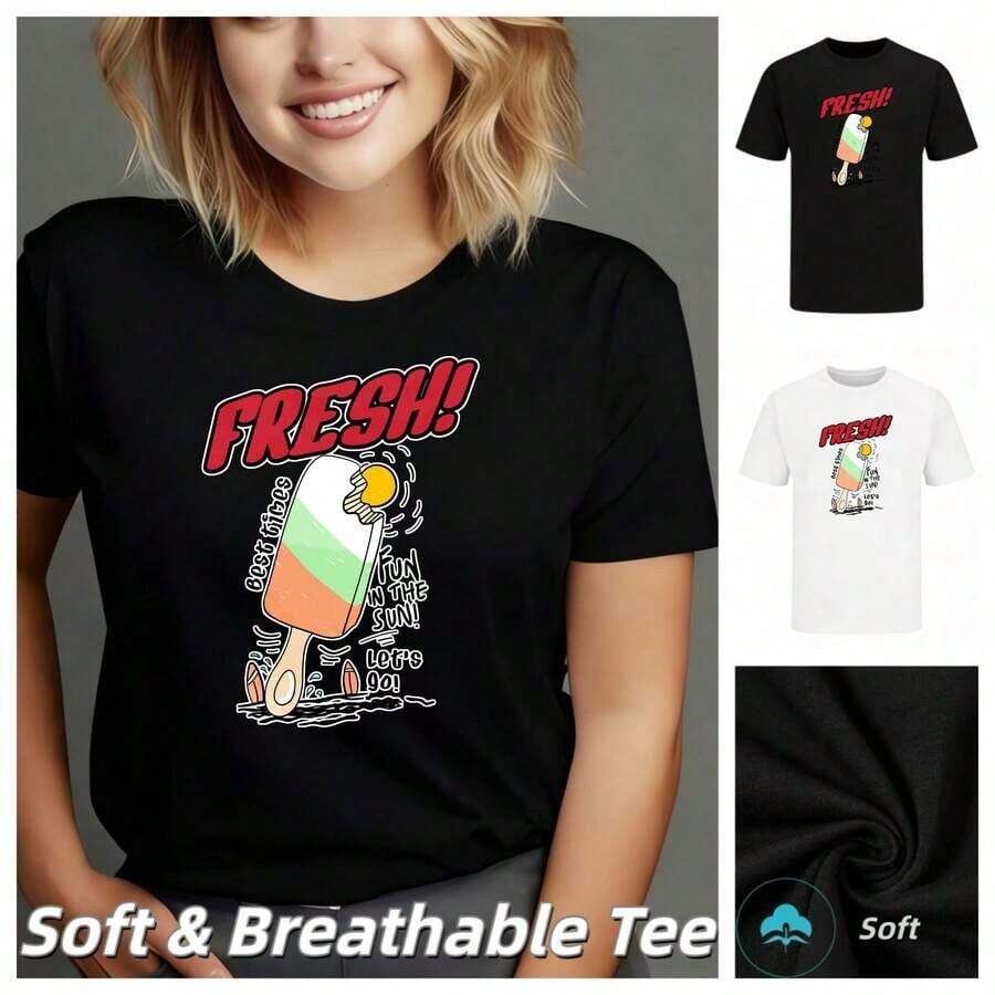 Camiseta suave y transpirable con gráfico de paletas frescas, estilo casual de verano, playera oversized con estampado llamativo | Top de Moda para Mujer, Blusa Holgada Y2K de Manga Corta. Estilo Vintage y Streetwear, Combina Perfecto con Jeans Altos, para Fiestas, Viajes y Looks de Noche | Ropa de Mujer - Negro - Ver 1