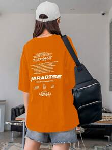 Camiseta Oversized Feminina Estampada Cheerful Paradise Frase Blusa Larga Despojada Estilosa Moderna Fresca - Laranja - Visão 2