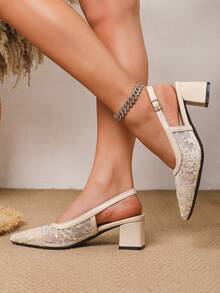 Spring/Summer New Apricot Embroidered Lace Mesh Pointed Toe High Heel, Pointed Toe High Heel Backstrap Comfortable Slingback Women's Shoes, Weddings - Apricot - View 4