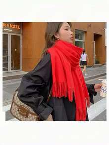 1pc Elegant Solid Color Tassel Wool Scarf For Women, Casual Windproof Shawl Suitable For Daily Wear, Autumn/Winter - Red - View 3