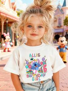 Disney Girls' T-Shirt, Creative Stitch Alphabet Cartoon Print, Summer Cotton Crew Neck Short Sleeve For Girls, Suitable For Everyday Wear, Vacations, Outdoor Activities, And As A Gift For Children. - 白色 - 查看 1