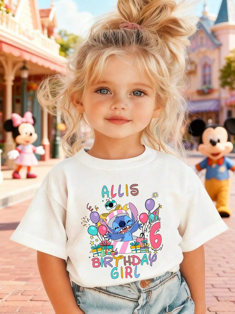 Disney Girls' T-Shirt, Creative Stitch Alphabet Cartoon Print, Summer Cotton Crew Neck Short Sleeve For Girls, Suitable For Everyday Wear, Vacations, Outdoor Activities, And As A Gift For Children. - 白色 - 查看 1