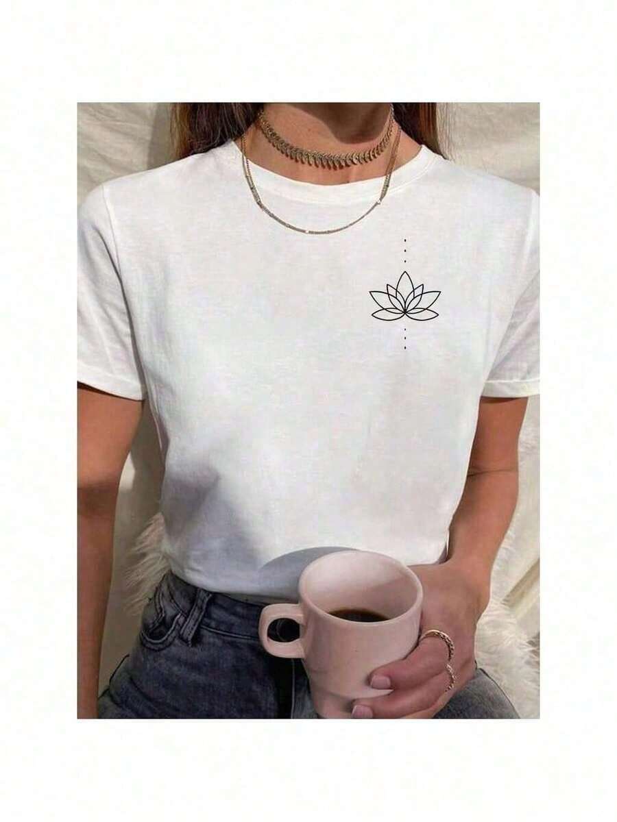 Camiseta Feminina Babylook T Shirt 100% Algodão Blusa Flor De Lotus Energia Meditação - Branco - Visão 1