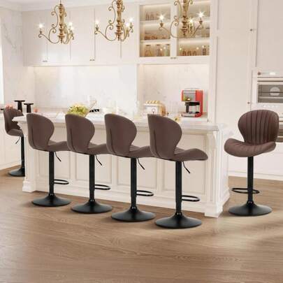 COLAMY Bar Stools Set Of 6, Modern Swivel Bar Chairs, Adjustable Faux Leather Upholstered Barstools Counter Height With High Backrest For Bar, Kitchen Island, Dining Room, Brown