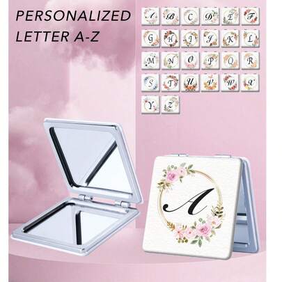 1个便携式化妆镜，简约字母设计，可折叠，轻巧耐用PU皮革，适合旅行、聚会、工作、学校等各种场合，老少皆宜。