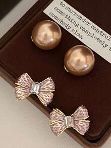 一对优雅的香槟色珍珠蝴蝶结耳钉，百搭时尚耳环，两种佩戴方式 - 彩色 - 查看 4