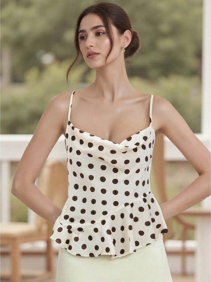 Women's Y2k Asymmetrical Ruffle Cami Tops Summer Sleeveless Dot Print Beach Tank Tops - Coffee Brown - View 1
