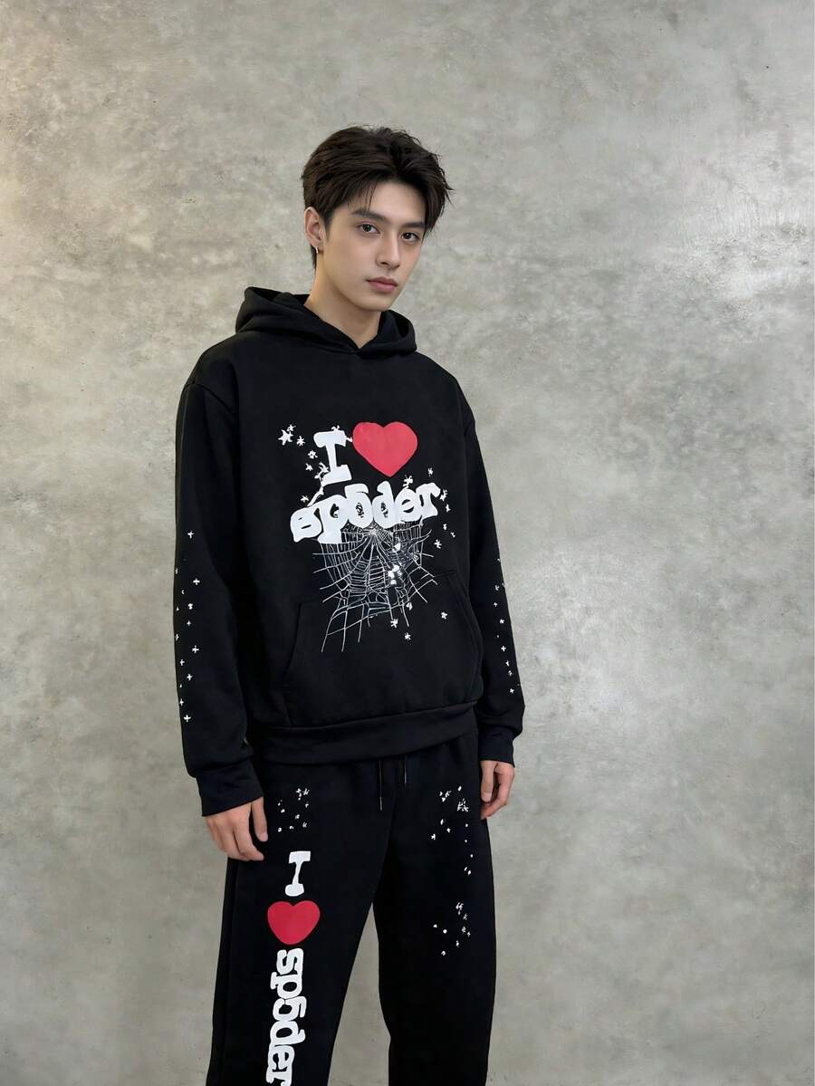 Y2K Fashion On The European And American High Streets! I ❤️ The Heart-Shaped Spider Print Hooded Sweatshirt + Ankle-Length Pants Set - màu đen - Xem 1