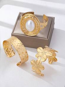 3pcs/Set Rivet Flower Ruffle Faux Pearl Metal Geometric Bracelet Set For Women, Jewelry Accessories - Yellow Gold - View 2