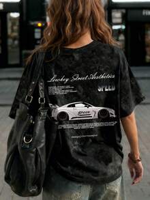 Women's Summer New Simple White Racing Car Cyberpunk Print Casual Round Neck Tie-Dye Short Sleeve T-Shirt, Fashionable And Versatile - Black - View 8