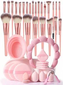 42件套化妆工具套装，包含：25支化妆刷套装+1个化妆刷清洁工具+3个圆形粉扑+5个三角形粉扑+3个迷你气垫粉扑+2个化妆海绵+1个睫毛夹+1个发圈，一应俱全，新手友好 | 方便旅行携带，送礼佳品 | 新手/女性的完美之选 - 彩色 - 查看 13