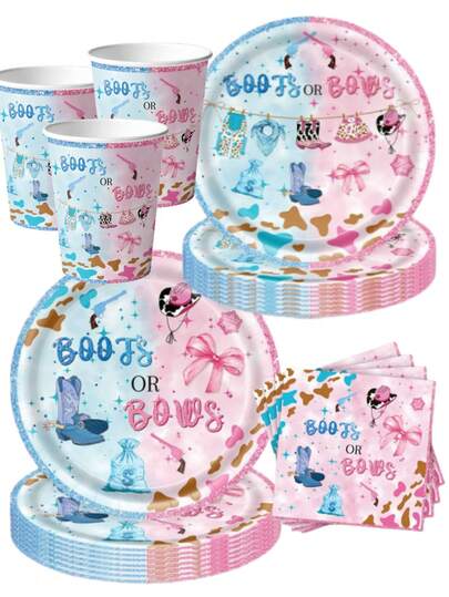 50件套性别揭晓“靴子还是蝴蝶结”牛仔主题派对用品套装 - 粉色和蓝色一次性纸盘、纸杯和餐巾纸，印有西部牛仔靴和蝴蝶结图案 | 适合性别揭晓派对、女孩牛仔主题生日派对和西部乡村主题聚会的节日餐具 | 闪亮牛仔帽和头巾装饰，可用作派对礼物、家庭派对装饰和特殊场合必备品