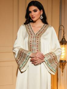 Elegant Long Arabic Style Dress, V-Neck, Embellished With Applique Details, Woven Fabric, Long Sleeve - Apricot - View 7
