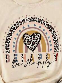Tween Girl Leopard Print Heart & Letter Graphic Short Sleeve T-Shirt And Leggings Casual Outfit - Apricot - View 4