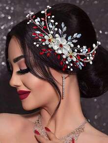 1 buc accesoriu elegant de păr pentru femei, bentiță colorată cu strasuri din cristale și perle artificiale, decorațiune pentru păr pentru femei, accesoriu pentru păr de mireasă, recuzită pentru fotografie de petrecere de nuntă, instrument de coafat, suvenir, accesorii de nuntă, cadou de sărbători, accesoriu de păr de primăvară/vară - roșu - Vizualizare 2