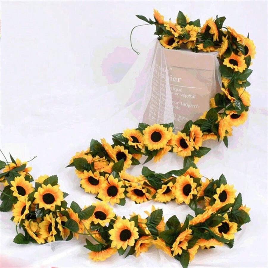 26头仿真向日葵吊挂花环 | 90.55英寸（2.3米）仿真向日葵藤蔓，人造花环，完美适用于派对装饰 - 情人节、生日、毕业典礼、春季装饰、送给妈妈的礼物、婚礼装饰、婚礼配饰、卧室、餐桌、送给闺蜜的礼物、家居装饰、卧室配饰、仿真花、仿真植物、客厅装饰、生日礼物、客厅家居装饰 - 一包 - 查看 1
