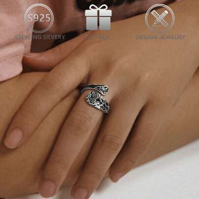 1pc 925 Sterling Silver Vintage Unique Rose Flower & Butterfly Design Spoon Ring For Women, Suitable For Daily, Vacation Wear, Holiday Gift