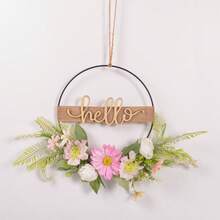 1 pieza Corona floral artificial, corona de aro floral de primavera/verano, corona circular de hierro con flores y hojas artificiales, decoración de bienvenida para pared, puerta, ventana, decoración del hogar, adorno colgante para boda - Multicolor - Ver 8