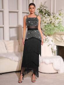 新款时尚性感流苏钻石吊带露背拉链长裙，优雅女士正式晚礼服，婚礼宾客礼服，节日圣诞派对礼服 - 黑色 - 查看 5