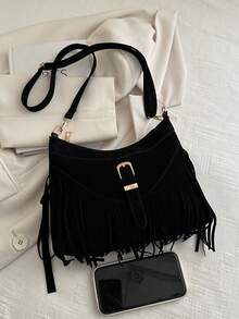 1个流苏装饰纯色麂皮/PU斜挎包，带拉链，复古时尚，适合女性秋冬季日常使用 - 黑色 - 查看 4