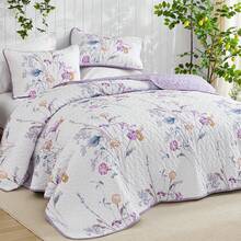 Purple  Floral Quilt Set King Size, 3 Pieces Botanical Plants Pattern Bedspread Coverlet Set With 2 Pillowcases, Soft Lightweight Microfiber Bedding Set For All Season,Easter Gift, Mother's Day Gift, Wedding Gift, Wedding Supplies, Bedroom Supplies - 紫色 - 查看 3