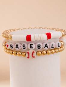 3pcs/Set Baseball Letter Beaded Bracelet, Sports Style Elastic Soft Clay Bracelet Set
