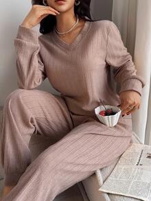 两件套女士粉色圆领长袖上衣和裤子秋冬休闲舒适睡衣套装 - 卡其色 - 查看 4