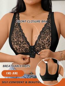 EMUPER 1pc Plus Size Lace Front Closure Wireless Bra, Sexy Comfortable Breathable For Large Bust Women - Black - View 2