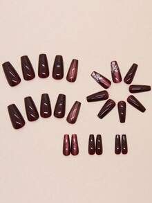 24Pcs Medium-Long Ballet Shaped Nails, Dark Red Tie Dye Floral & Striped Design, Versatile & Brightening, Reusable Nail Tips Suitable For Women & Girls, Music Festival, Valentine'S Day, New Year Party, Comes With 1 Nail Glue Press On Nails Nail Supplies Nails - 彩色 - 查看 4