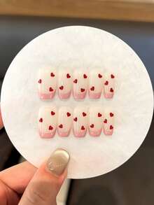 10PCS Valentine's Day Pressing Nail Exquisite Original Handmade Nail Patch, Simple And Cute, Red Love Stickers Pink French Cute Type Detachable Pressing Design, Suitable For Women And Girls' Daily Wearing, Attending Dance Parties, Campus Style, Shopping And Other Occasions. The Set Includes Two Pieces Of Jelly Glue And One Anti Slip Sticker As A Free Nail Accessory. [Valentine's Day Limited Nail Art] Nails - Baby Pink - View 5