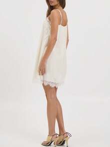 Women Lace Trim Satin Camisole Dress Silky Spaghetti Strap Square Collar Cami Flowy Asymmetrical Going Out Tank - White - View 4