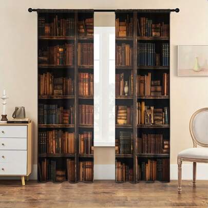 2 pièces Rideaux à motif de bibliothèque vintage, rideaux d'intimité pour chambre à coucher, empêchent la lumière directe du soleil, rideaux décoratifs pour salon, transparents - lavables - installation facile, conviennent pour la décoration des fenêtres de la chambre à coucher, de la cuisine, du salon, du café et du bureau