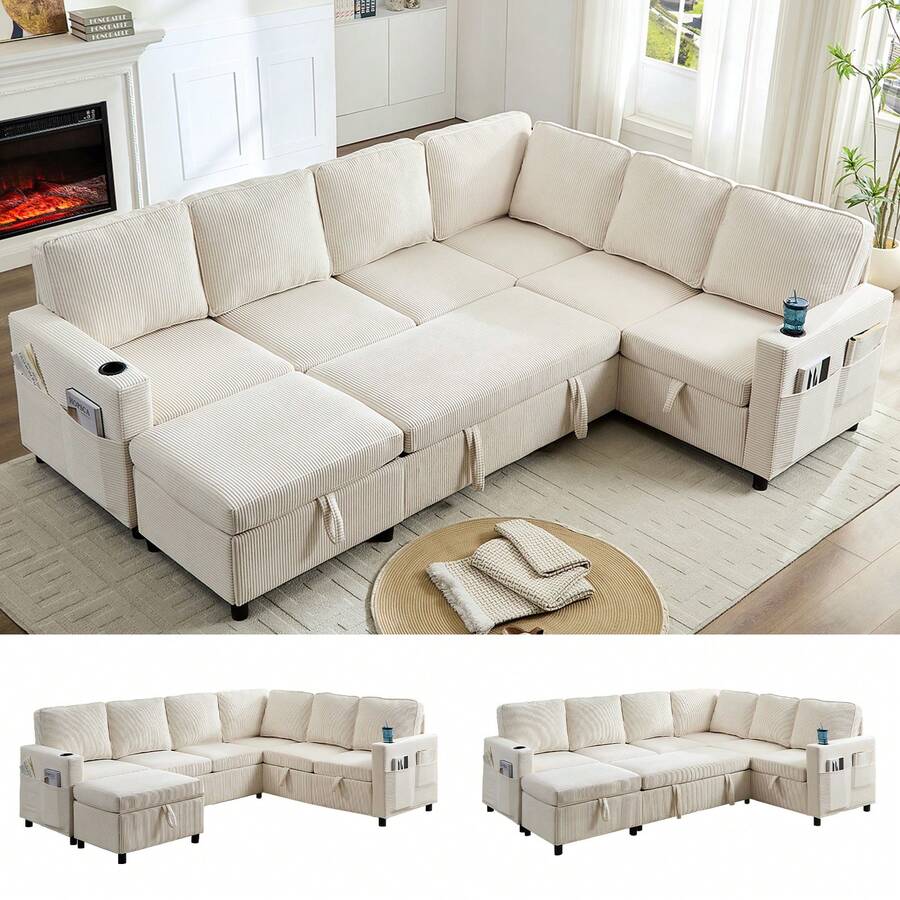 Puremind 101 Inch U Shaped Modular Sectional Sofa, Corduroy Convertible Sofa Bed With Storage For Living Room Apartment - Màu be - Xem 1
