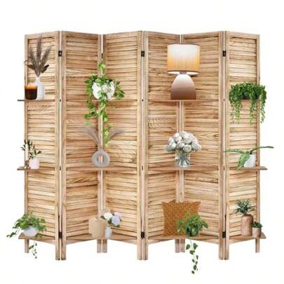 Seraphiel Biombo Plegable de Madera - Biombos Separadores de Ambiente Divisor de Habitacion Mampara Separador de Ambientes Celosia Biombos Separadores de Ambiente 6 Paneles con Repisas Decorativas